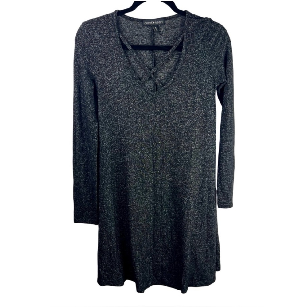 Derek Heart Tunic Dress Gray Knit Long Sleeve Criss Cross Neck Cozy Stretchy